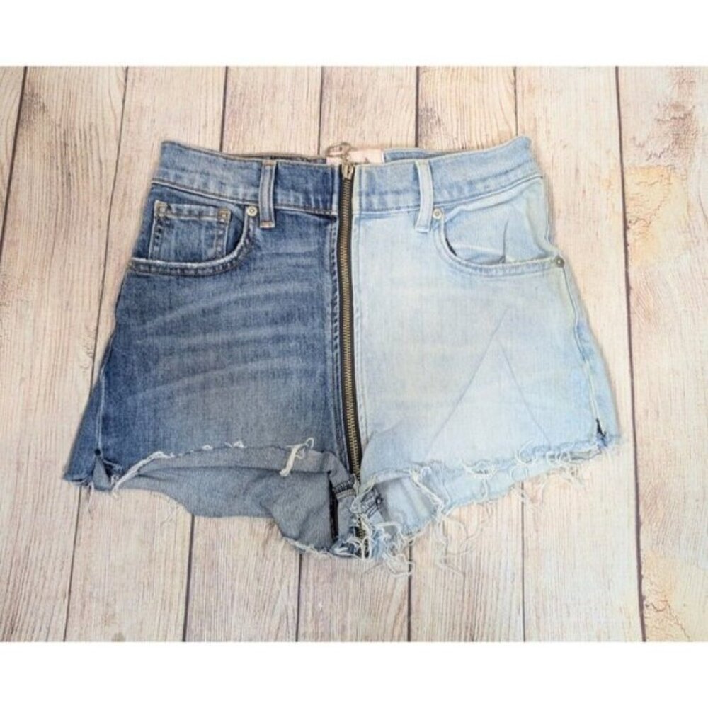 Revice Women's Denim Two Tone Shorts Zipper Detail USA LA Raw Hem Cut Off Sz 27